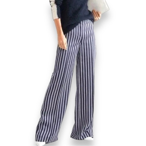 Diane Von Furstenberg DVF Blue Striped Twill Wide-leg Pants Trousers Size 2 - Picture 1 of 7